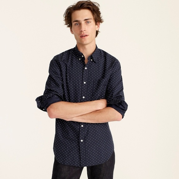 NWT J. Crew Navy Polka Dot Stretch Secret Wash Cotton Poplin Button Down Shirt - Picture 2 of 12